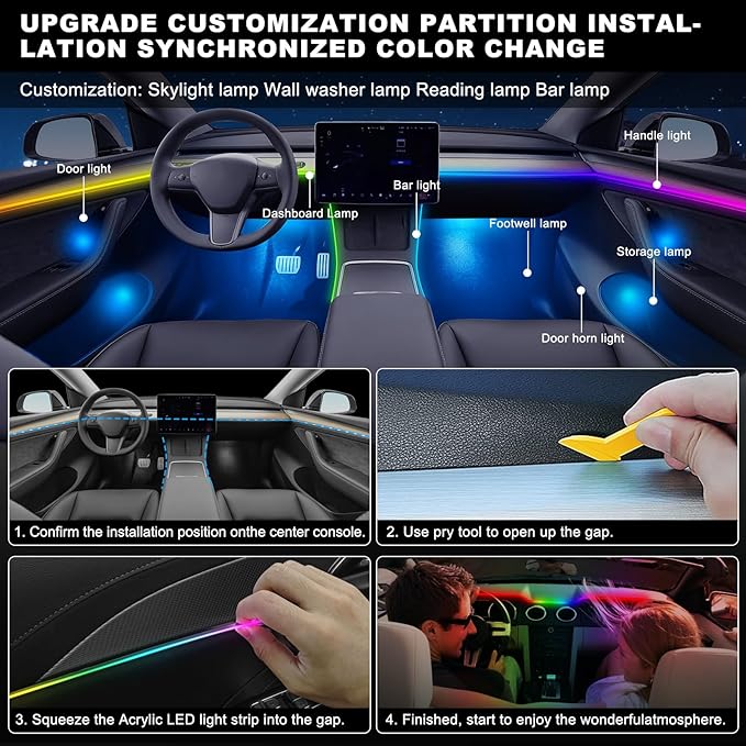 Dreamcolor Acrylic Interior Car LED Strip Light with USB/Type C, RGB 6 in 1 with 187 inches 650 LEDs Strip, Dynamic Chasing Music Sync Neon Ambient Lighting Kits