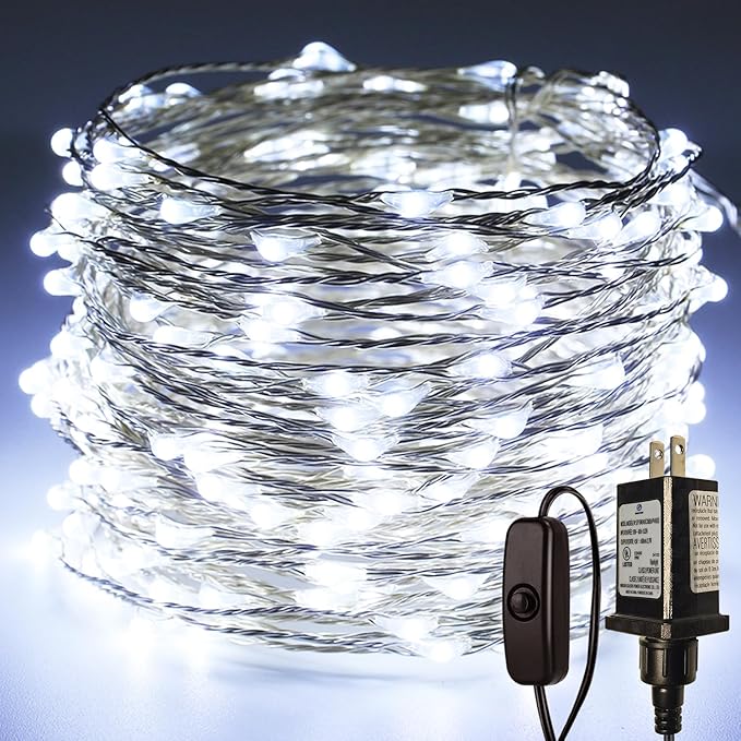 RUICHEN Plug in Fairy Lights with Switch, Waterproof 66 Ft 200 LED Silver Wire Starry String Firefly Lights for Bedroom, Patio, Garden, Balcony, Dorm, Cool White