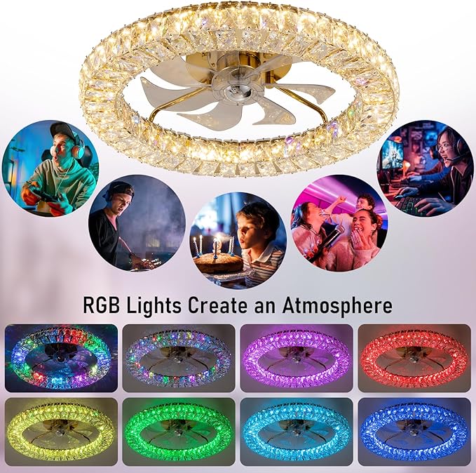 RGB Ceiling Fans with Lights, 22" Low Profile Ceiling Fan with Lights Remote for Bedroom,Smart Bladeless LED Fan Light,Gold Modern Flush Mount Ceiling Fan Light with Remote/APP Control