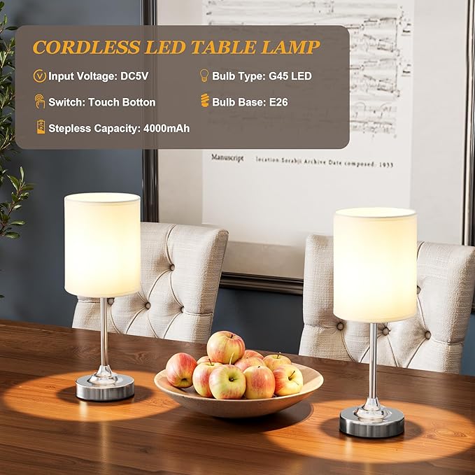 Touch Control Cordlss Table Lamp, USB-C Rechargeable Lamp with Stepless Dimming, 4000mAh Battery Operated Bedside Lamp for Bedroom, Living Room, Night Light & Emergency Lighting, Silver, 1 Pack