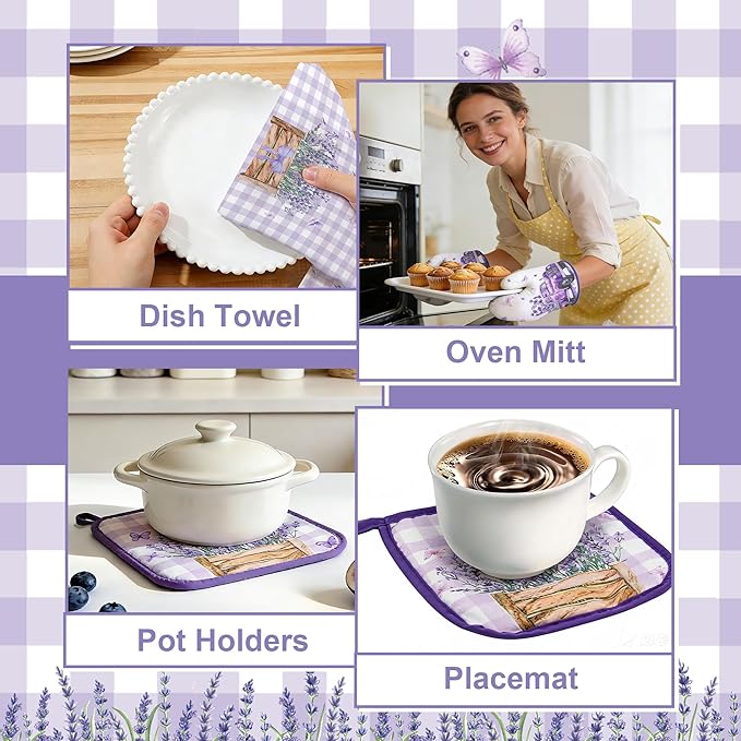 8 Pcs Lavender Spring Kitchen Towels Pot Holders and Oven Mitt Set Kitchen Accessories 4 Dish Towels 2 Absorbent Square Potholders 2 Heat Resistant Glove for Cooking Baking Home Gifting