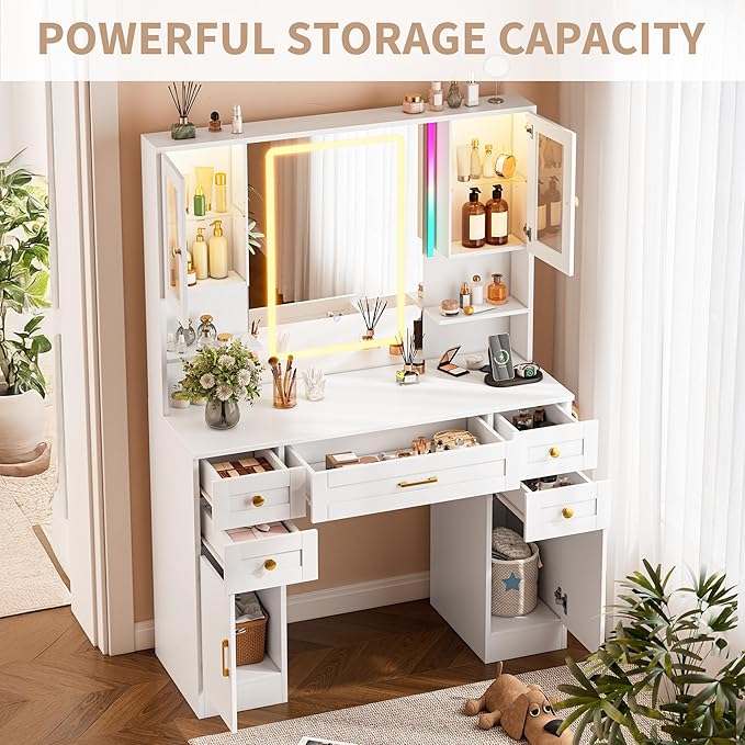 NUNU LAB White Vanity Desk with Mirror and Lights, Women Makeup Vanity with 16 RGB Colors Light & Power Outlet, 4 Cabinet, 2 Shelves & 5 Drawers for Bedroom (049 White)