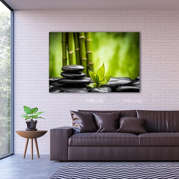 GUTTATY Zen Wall Art Decor, Modern Bathroom Zen Decor Wall Art, Relaxing Canvas Wall Art for Spa Zen Room Decor, Green Bamboo Forest and Pebble Art Prints for Office & Spa Wall Decor 32x48 Inches