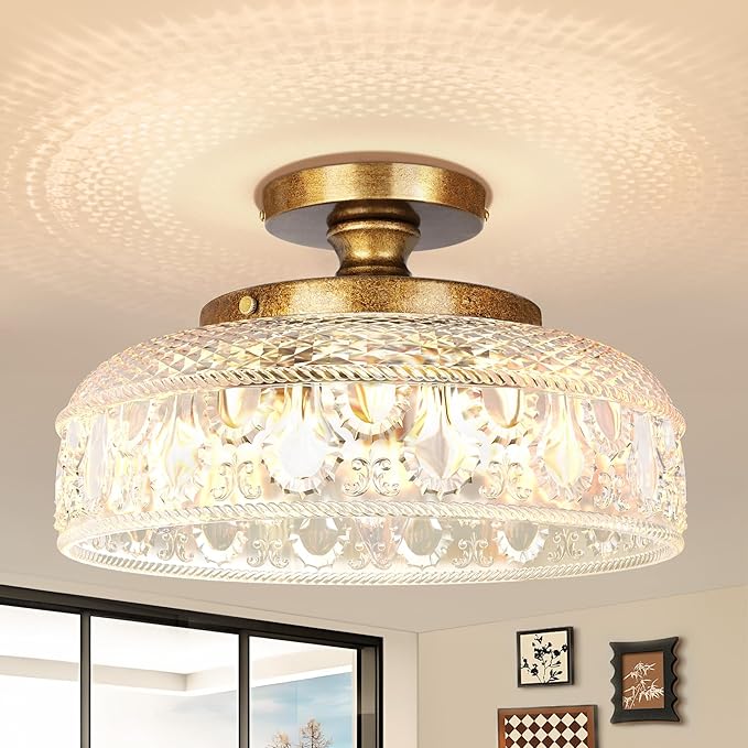 Lamomo Semi Flush Mount Ceiling Light, 3-Bulb Hallway Light Fixture, Antique Brass Gold Globe Glass Close to Ceiling Scone,Indoor Hanging Lantern for Bedroom Kitchen Porch Hallway,Bulbs Not Included
