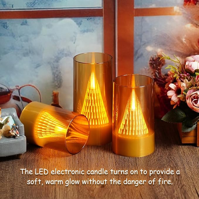 Eebus LED Flameless Candles with Remote - Battery Operated,Fake Candles for Home Décor Tapered Glowing Pillar Candle Lights Add a Warm and Romantic Atmosphere Set of 3 (D 3"×H 4" 5" 6") (Gold)