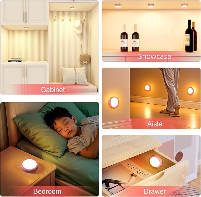 Rechargeable Puck Lights with Remote Control,LED Under Cabinet Light with Full-Screen,3 Color Temperatures Stick On Light Wireless, Tap Lights for Kitchen,Cabinet,Counter,Closet,Shelf,2 Pack, Pink