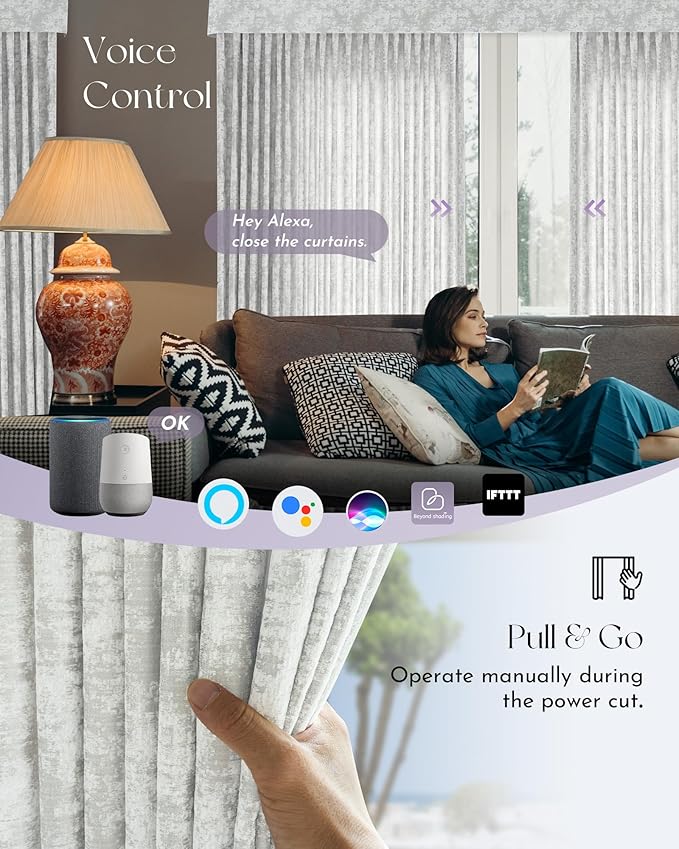 Graywind Hardwired Smart Curtains Compatible with Alexa Google Remote Control Motorized Drape for Sliding Door One-Way or Split Draw, Custom Width to 220" (Mist Series)