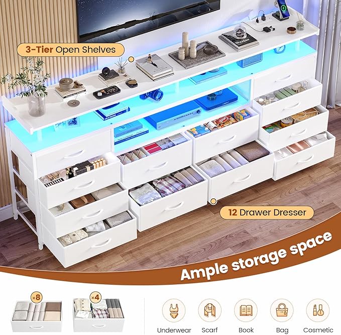 BTHFST 12 Drawers TV Stand Dresser for 65/70 inch TV, Entertainment Center with LED Lights & Power Outlets, 63" Large LED TV Stand, TV Console for Bedroom