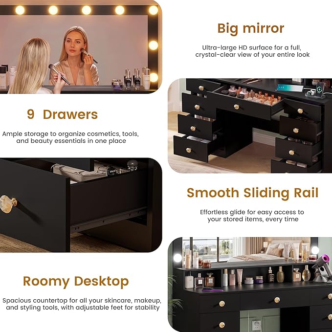Vanity Desk with Large Lighted Mirror, Makeup Vanity with Power Outlet, 9 Drawers & Storage Shelf, Dressing Vanity Table with 3 Lighting Modes for Women, Girls, Bedroom