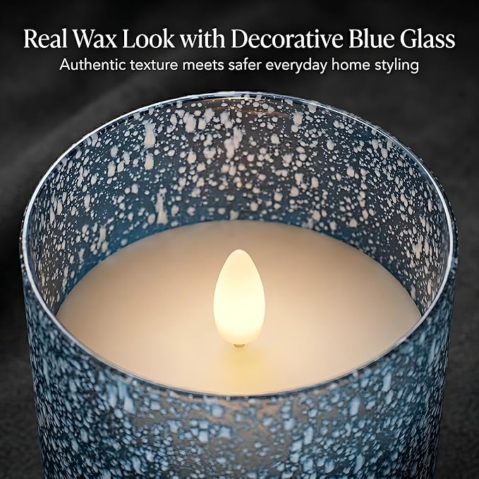 Blue Flameless Candles with Remote, Battery Operated Pillar Candles Set of 3, Flickering Real Wax LED Candles with Timer for Home Decor, Bedroom, Bathroom, Wedding Table Centerpiece