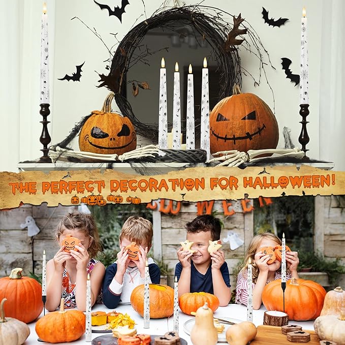 Halloween Candles with Spider Web, Spider, 9.6”Real Wax Flameless Taper Candles with Remote & Timer, 3 Pack Battery Operated Halloween Led Candlesticks for Party Home Decor
