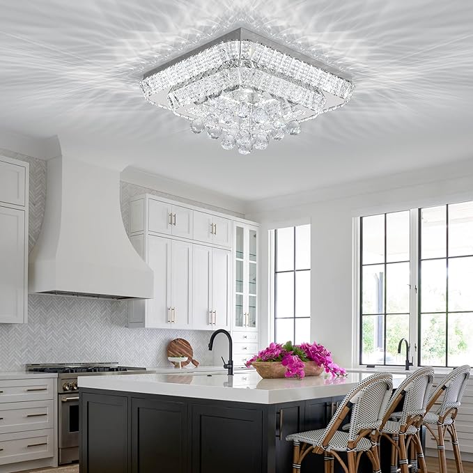18" Crystal Ceiling-Light Flush Mount with Remote Control and APP, 3 Colors Temp & Brightness Adjustable, Modern Crystal Raindrop Chandeliers for Bedroom Hallway Dinning and Living Rooms-square