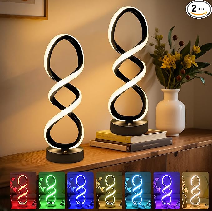 Modern Table Lamp, 7 Colors 10 Light Modes Spiral Design Table Lamp, Touch Dimmable Nightstand Lamp, Unique Bedside Lamp for Living Room, Bedroom, Cool Lamps, Black, 2 Pack