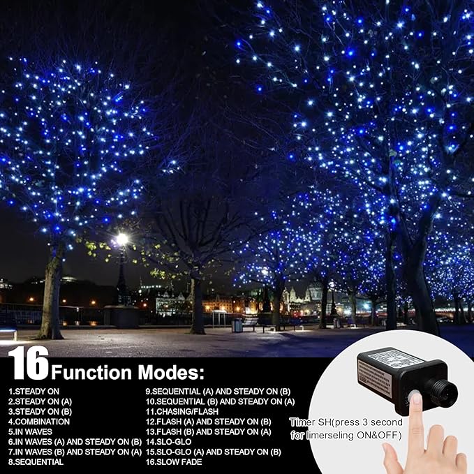 LAMPHOME 99FT 300 LED Blue White String Lights, 16 Modes Plug In Mini Fairy Lights, Waterproof Outdoor Christmas Lights for Hanukkah Xmas Tree Garland Bedroom Ocean Party July 4th Patriotic Decoration