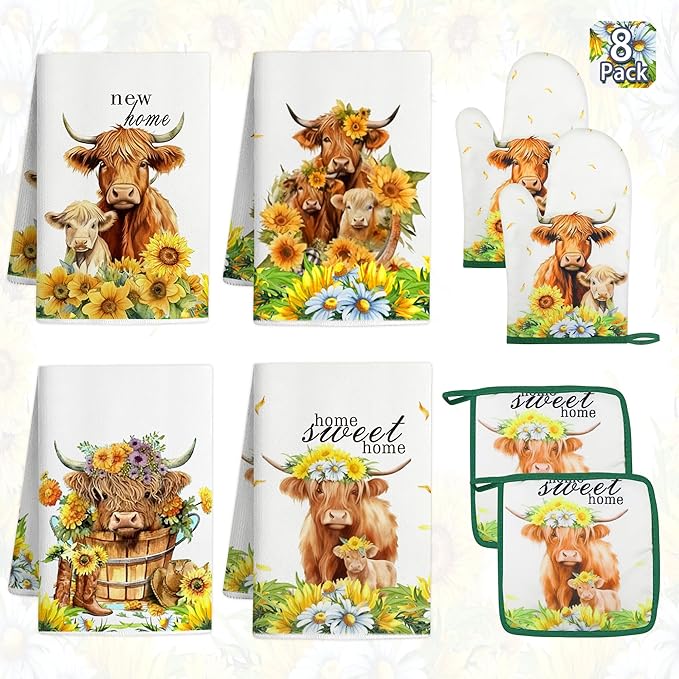8 PCS Highland Cow Kitchen Decor and Accessories - 4 Dish Towels Set 2 Oven Mitts and Pot Holders Sets for Cooking Baking Home Sweet Home Sunflower Cattle Watercolor Farmhome Housewarming Gift