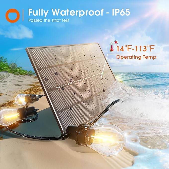 addlon 100FT(2FT) Solar String Lights Outdoor Waterproof with 6W Panel USB Charing & Remote Control Patio Lights Long Last for 20+Hrs Dimmable Solar Power LED Bulbs for Porch Garden Market Bistro