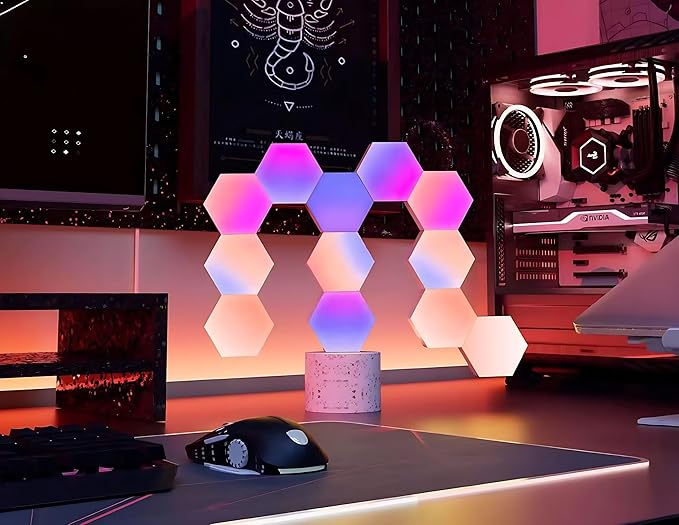 STONEBROOK Smart RGB + IC Hexagon Light Panels, DIY Wall Lights with Music Sync, Alexa & Google Assistant, Wi-Fi App Control,Gaming Lights for Gaming Setup, Gaming & Bedroom Decor (10-Pack)