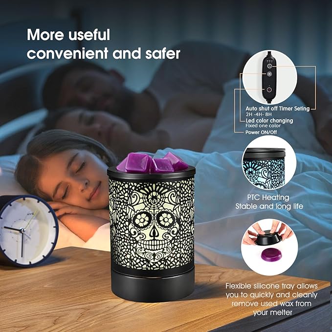 Fragrance Wax Melts Warmer with 7 Colors LED Changing Light Scent Oil Candle Warmer for Home Office-Skull Timer