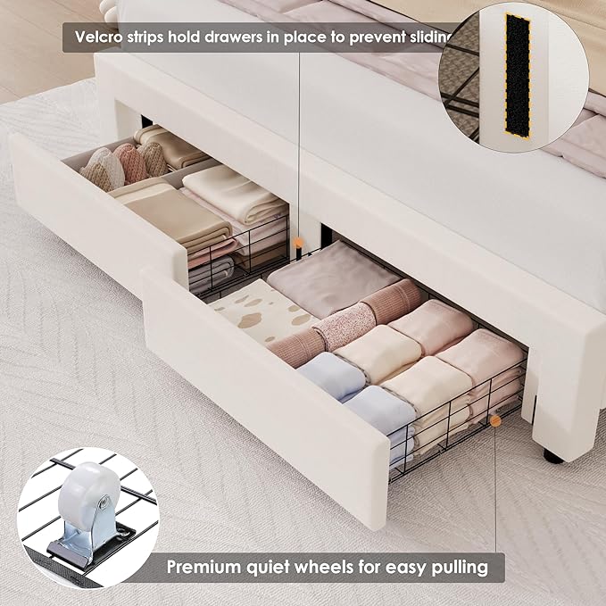 HIFIT Queen Upholstered Smart LED Bed Frame with Storage Drawers & Adjustable Chic Double Petal Headboard, Velvet Princess Platform Bed with Solid Wood Slat/No Box Spring Needed/Easy Assembly, Beige