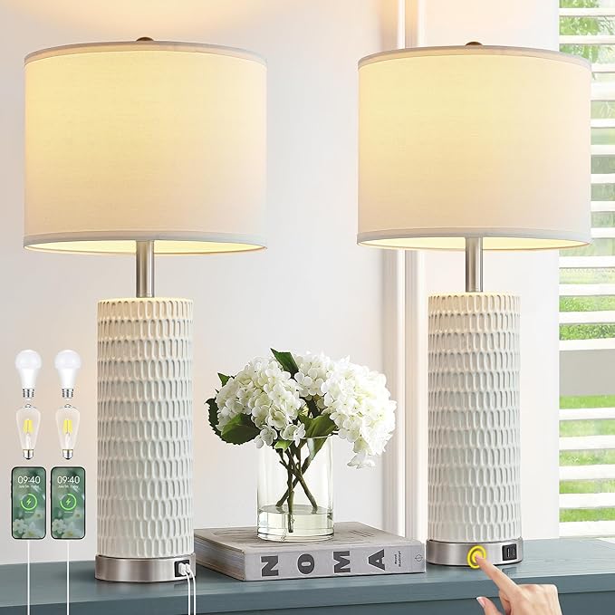 26.5" Ceramic Table Lamp Set of 2, 3 Way Dimmable Touch Control Table Lamp with 2 USB Charging Ports for Bedroom Living Room, Modern Nightstand Lamp End Table Lamps, Bulbs Included