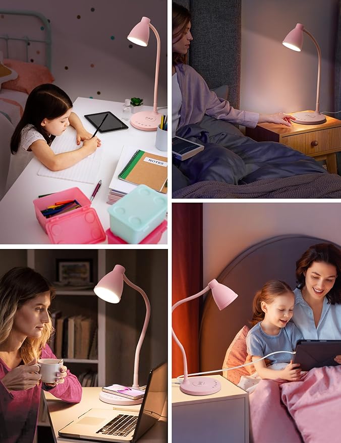 BOHON Cute Pink Aluminum Desk Lamp with USB C+A Charging Ports, Wireless Charger, 5 Colors Stepless Dimming, Touch Control, Memory Function, LED Light for Home Office College Dorm Room