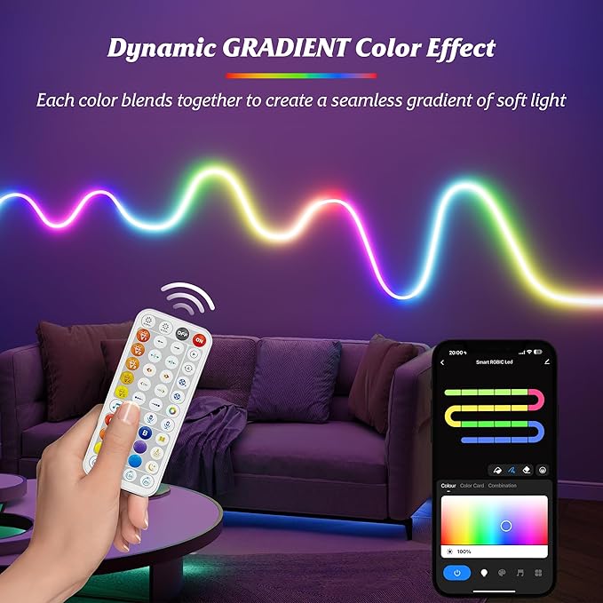 Smart LED Neon Rope Lights, WiFi Gradient RGB+IC Rope Lights Indoor with Remote, Waterproof Flexible DIY LED Strip Lights for Bedroom, Cuttable, Music Sync, Compatible with Alexa, 16.4ft