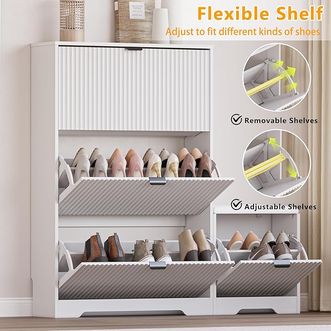 Slim Shoe Cabinet with Bench for Entryway, Hidden Storage and Adjustable Shelves, Free Standing Wooden Shoes Organizer for Foyer, Hallway