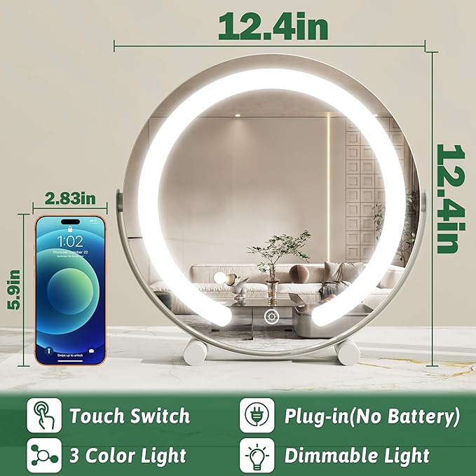ROLOVE Vanity Mirror with Lights, 12 Inch Light Up Makeup Mirror, LED Makeup Mirror with Lights for Bedroom Tabletop, Smart Touch Control 3 Colors Dimmable, 360° Rotation, White