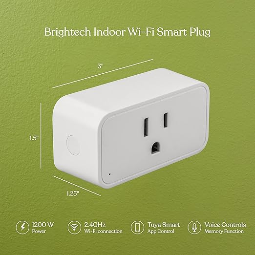 Brightech Indoor Wi-Fi Smart Plug - Alexa, Echo, Google Home Compatible, No Hub Required - Timer and Schedule Function - Max Power 1200W - 2.4 Ghz Network Only