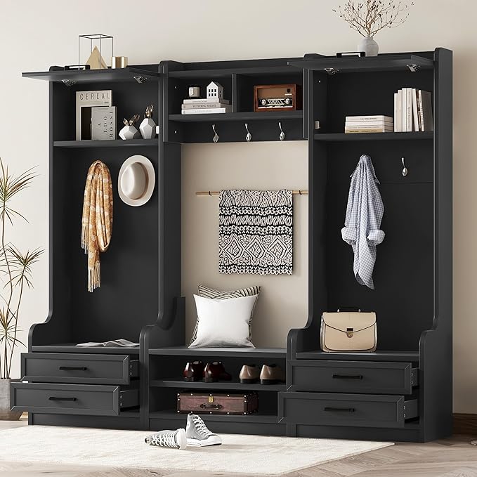 Bellemave Wide Hall Tree with Storage Bench, Wood Coat Rack with Cabinet and 7 Hooks, Mudroom Organizer with Shoes Storage Cubbies for Entryway Hallway (Black, 78" W)