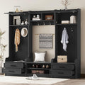 Bellemave Wide Hall Tree with Storage Bench, Wood Coat Rack with Cabinet and 7 Hooks, Mudroom Organizer with Shoes Storage Cubbies for Entryway Hallway (Black, 78" W)