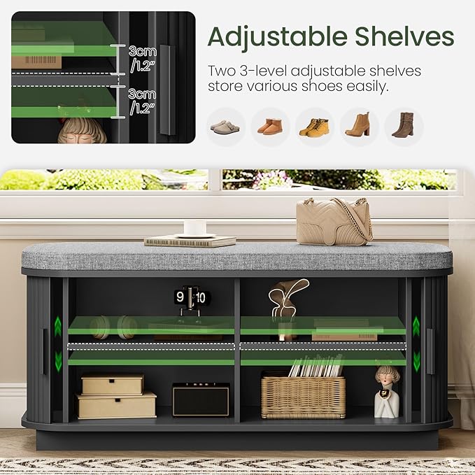 Shoe Storage Bench, Entryway Bench with Storage, Shoe Bench with Cushion and Sliding Door, Fluted Storage Bench, Entry Bench for Entryway, Hallway, Living Room, Bedroom, Black and Gray MHX02BB