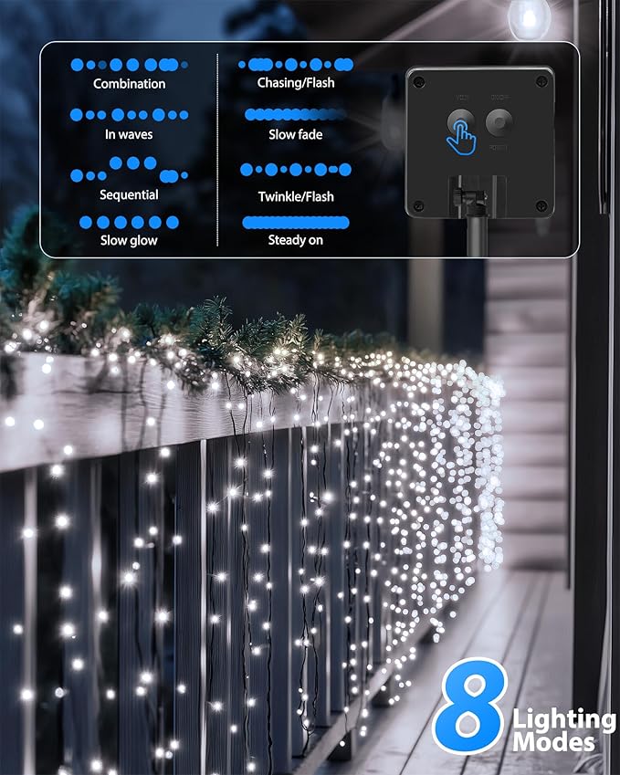 Brightown Solar Outdoor String Lights - 50 FT 120 LED Solar String Lights for Outside with 8 Lighting Modes, IP65 Waterproof Solar Outdoor Lights, Suitable for Tree Party Decor, Pure White