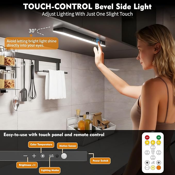 5Pack Touch Control Under Cabinet Lighting, 160LED Super Bright, 4000mAh Long-Lasting, Magnetic Rechargeable Motion Sensor Under Counter Lights for Kitchen, Closet, Remote, Dimmable, 3CCT丨Black