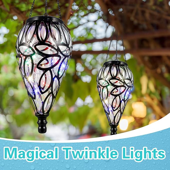 2 Set Solar Hanging Lantern Lights Outdoor Chandelier Moroccan Hanging Solar Light Tear-Shaped 15 LEDs Cool White with S Hooks for Summer Garden Yard Pathway Landscape Porch Decor(Multi-Color)
