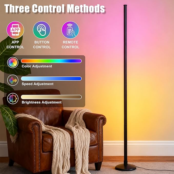 Led Corner Lamp – Bonus RGB TV Backlight – RGBIC Corner Floor Lamp with 16M+ Colors, 300+ Effects, Music Sync, 5V/2A Adapter, Perfect Ambient Lighting for Living Room, Bedroom & Gaming Setup