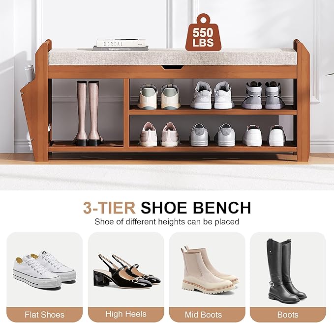 39.4" Bamboo Shoe Rack Bench with Coat Rack, 3-Tier Entryway Bench with Thick Cushion, Flip-Top & Side Baskets, Holds Up to 550 LBS for Hallway, Living Room, Bedroom