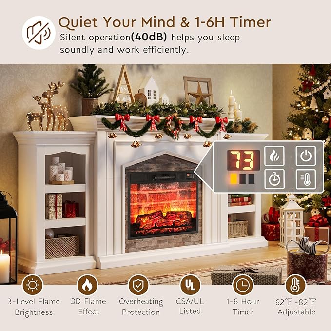 LGHM 80" Fireplace TV Stand for TVs Up to 90 Inch, Electric Fireplace with Mantel, Modern Entertainment Center with Storage, Fireplace Heater Insert with 3D Flame Effect for Living Room