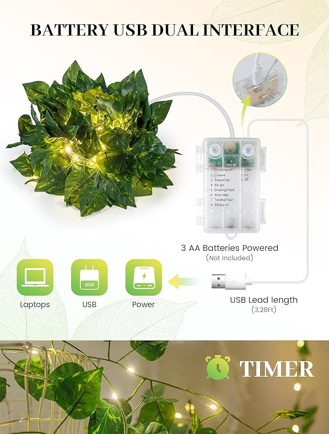 woohaha Vine with Fairy Lights,23ft 73LED Ivy String Light with Battery Operated,Leaf Light for Bedroom, Room, Wall, Garden, Party, Wedding Decor (Warm White)