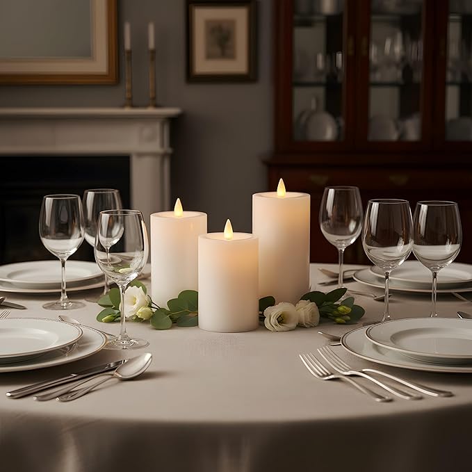 Flameless Pillar Candles Flickering with Remote Timer, Battery Operated LED Candles Up to 400 Hours, 3D Moving Flame Real Wax Candles, Set of 3, D3 x H4, 5", 6",Remote Included(Ivory)
