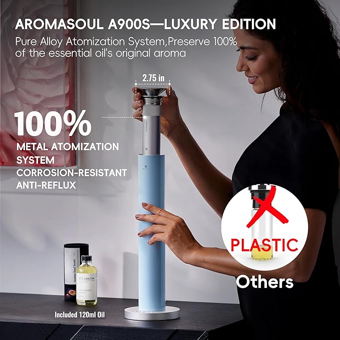 Wireless Rechargeable Hotel Scent Diffuser Starter Kit - Alloy Atomization System,Waterless Oil Diffuser, 1500 Sq Ft Coverage, Including 120ml Essential Oil, for Home, Large Room, Spa, Pastel Blue