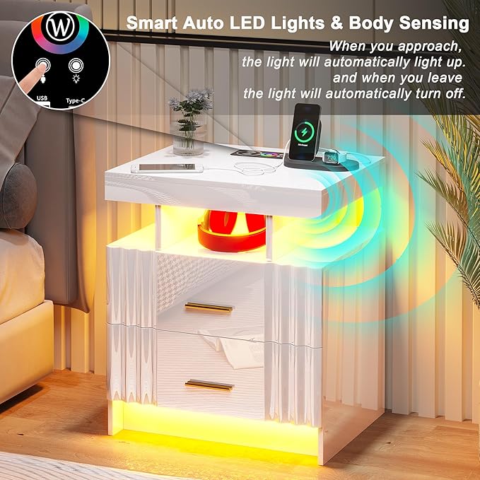Nightstand with Wireless Charging Station,Set of 2 Bedroom Bedside Table with RGB Lights, Smart Night Stand with 2 Drawers, Bedside Tables Modern Bedside Table for Bedroom, Living Room(White)