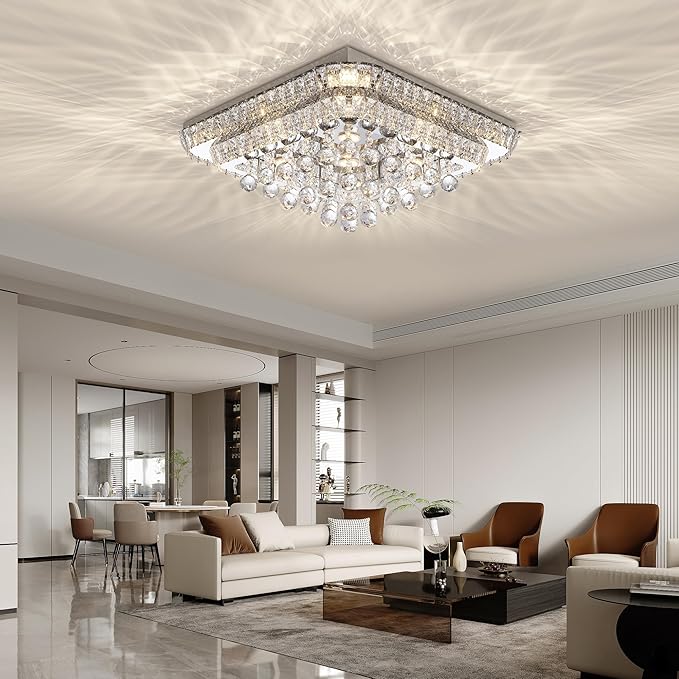 REDSTAR 24" Crystal Ceiling-Light Flush Mount with Remote and APP, 3 Colors Temp & Brightness Adjustable, Modern Crystal Raindrop Chandeliers for Bedroom Hallway Dinning and Living Rooms-Square