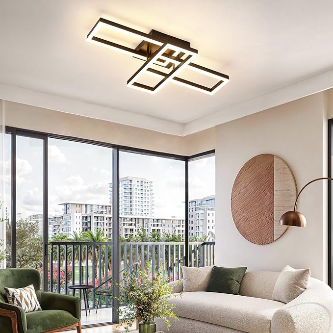 Modern Led Ceiling Light Fixtures, Black Flush Mount 3-Square Ceiling Light with Remote Control&APP, Dimmable, 40W Acrylic for Bedroom, Kitchen, Dining Room