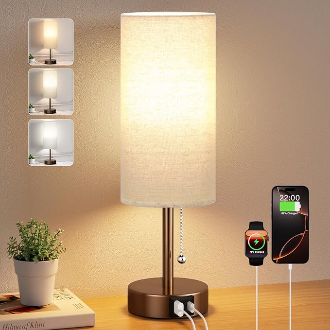 Brown Table Lamp for Bedroom Nightstand - Small Lamp with USB A + C Charging Port, 3 Color Temperatures Pull Chain Night Stand Light, Silver Base Desk Reading Lamp for Living Room