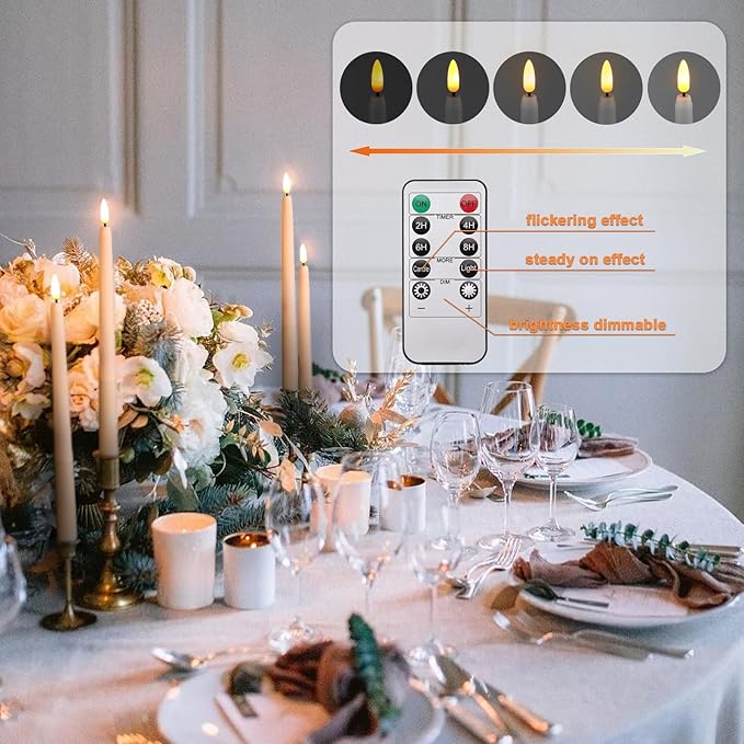 IMAGE Rechargeable Flameless Taper Candles with Remote, 12 Pcs LED Candlesticks 3D Wick Ivory Taper with Timer Flickering Function for Home, Wedding, Birthday Halloween Christmas Church, Warm White