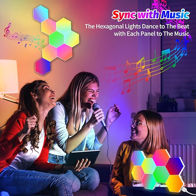 8 Pack DIY Hexagon LED Lights, Music Sync RGB Gaming Lights with APP Smart Wall Lights for Bedroom Living Room Decor