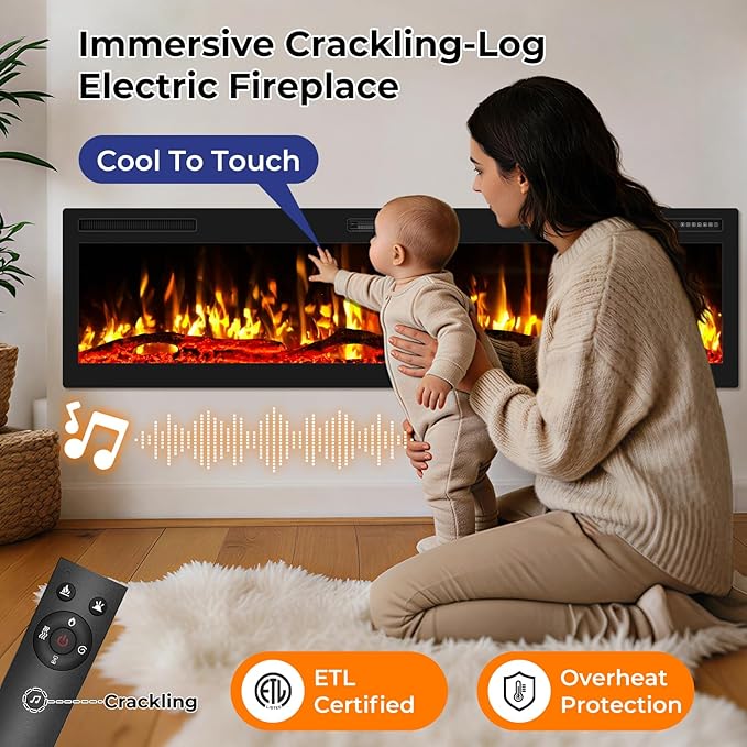 68" Smart WiFi Electric Fireplace with Sound Crackling Narrow Bezel Recessed and Wall Mounted Fireplace Heater with App, Remote Control, Log Flame Option, 750/1500W