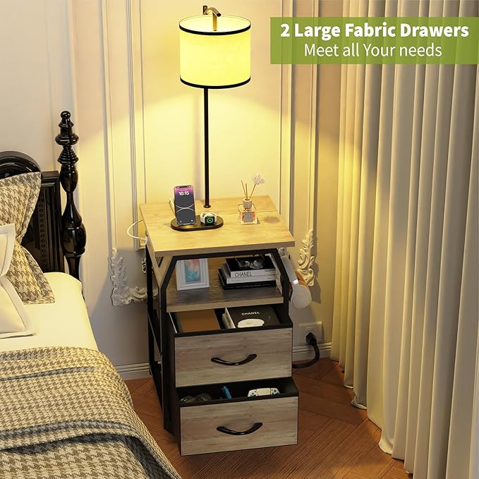 Floor Lamp with Table, End Tables with Lamps Attached 3-Color Temperature Bulb, Side Table with Lamp with 2 Drawers & Charging, Lamps Tables Combo for Bedroom, Dorm, Apartment - Greige