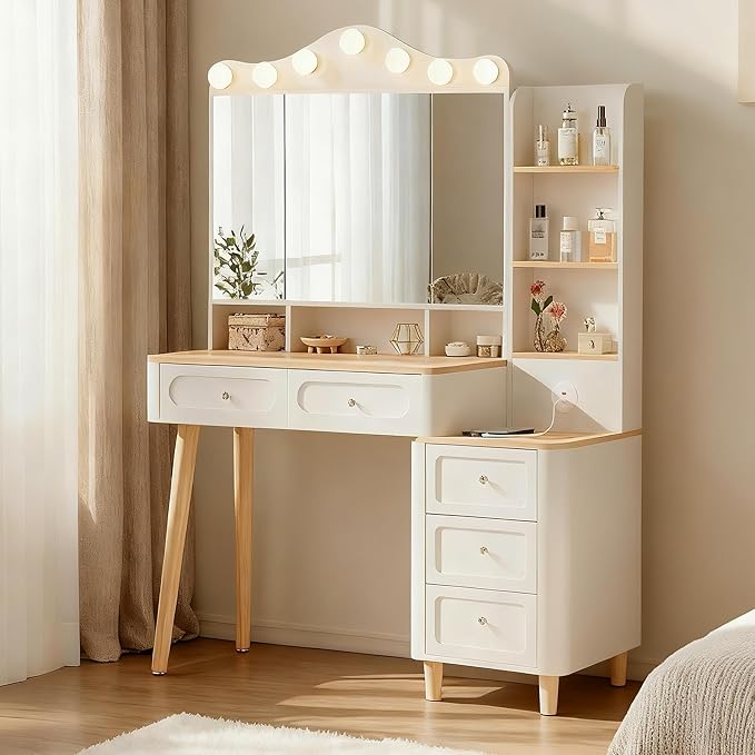 Vanity Desk with Mirror and Lights,Makeup Vanity with 2 USB Power Strip,Vanity Set with Two Drawers and Three-drawer Chest, 3 Lighting Modes Adjustable Brightness, Foldable Three-sided Mirror (White)